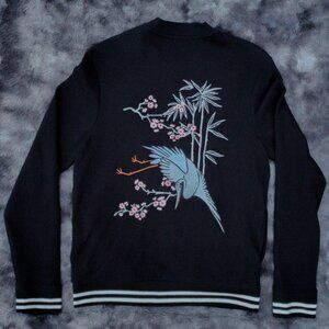 Topman black bomber jacket embroidered crane heron bamboo sakura cherry blossoms
